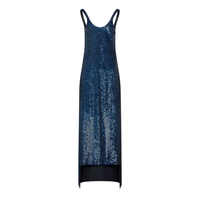 Asymmetrisches Abendkleid aus Seide mit Paillettenstickerei und ohne Ärmel