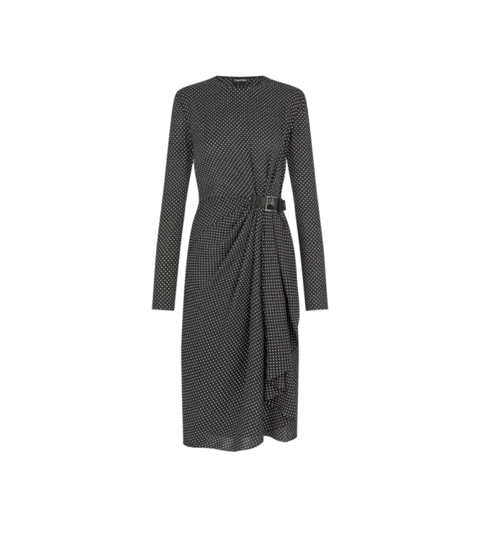 Bedrucktes Seidenkleid mit langen Ärmeln und Lederdetails