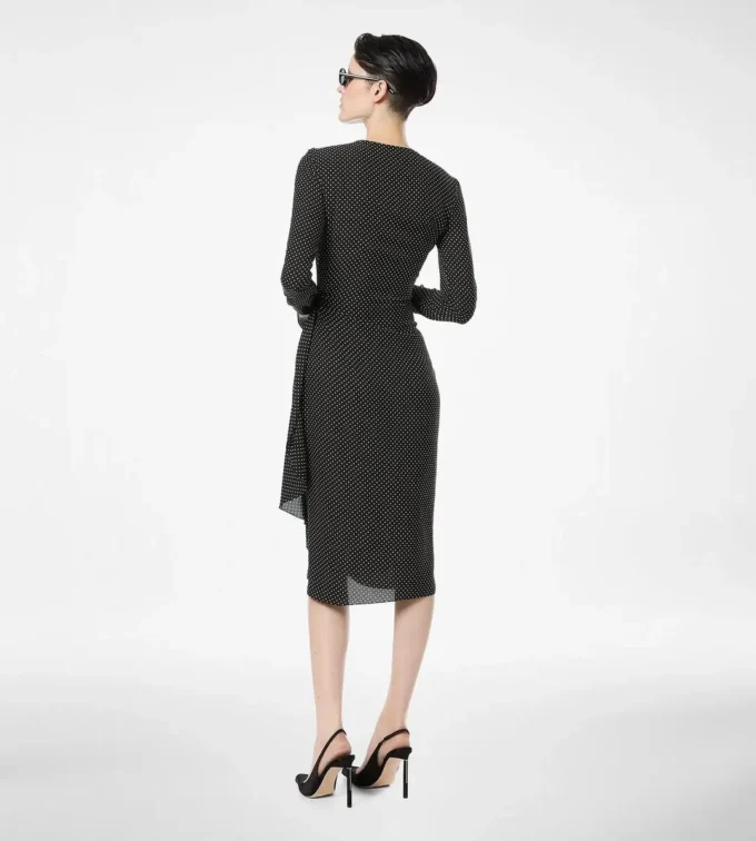 Bedrucktes Seidenkleid mit langen Ärmeln und Lederdetails