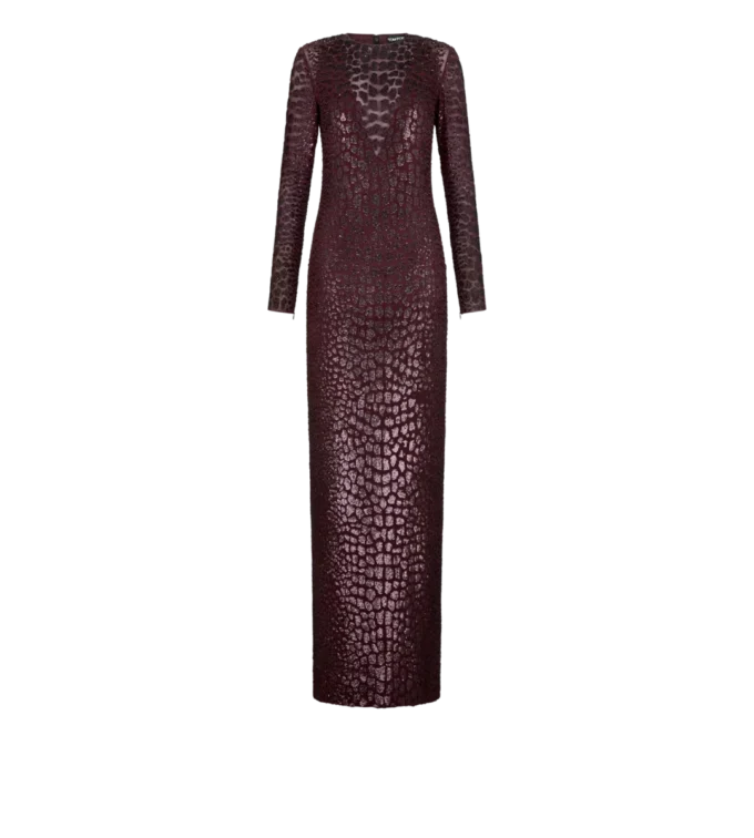 Besticktes Abendkleid mit Langarm und Krokodileffekt
