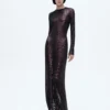 Besticktes Abendkleid mit Langarm und Krokodileffekt