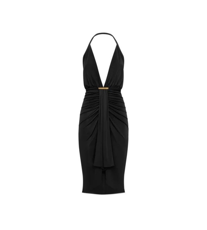 Cocktailkleid mit V-Ausschnitt und drapiertem Wasserfall-Detail vorne in der Mitte