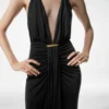 Cocktailkleid mit V-Ausschnitt und drapiertem Wasserfall-Detail vorne in der Mitte