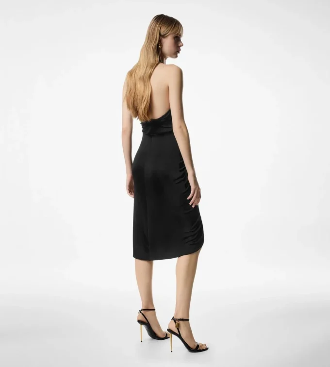 Cocktailkleid mit V-Ausschnitt und drapiertem Wasserfall-Detail vorne in der Mitte