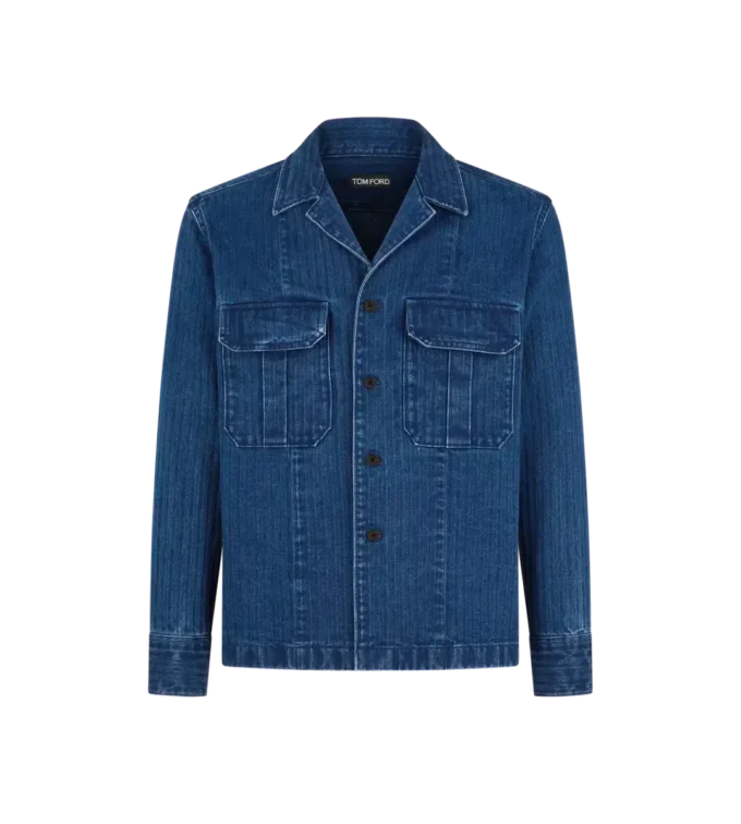 Denim-Overshirt mit Fischgrätenmuster