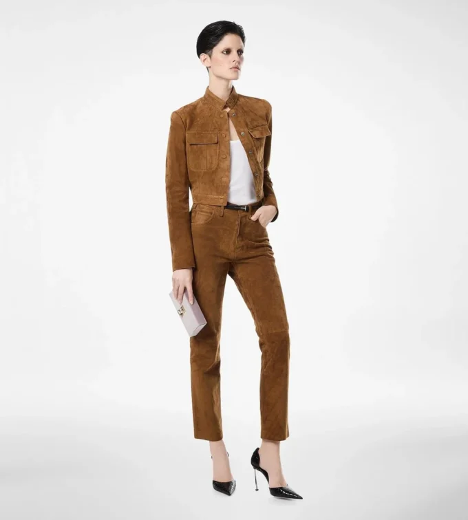 Fünf-Taschen-Hose aus vollnarbigem Lammwildleder mit geprägtem Tf-Logo