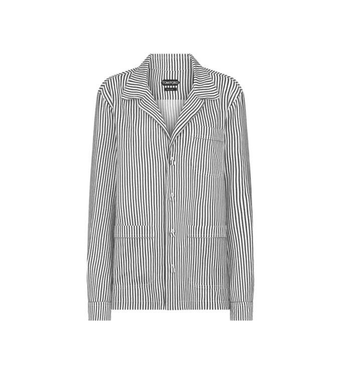 Gestreiftes Seiden-Pyjamahemd mit Paspelierung und tonalem TF-Sticklogo