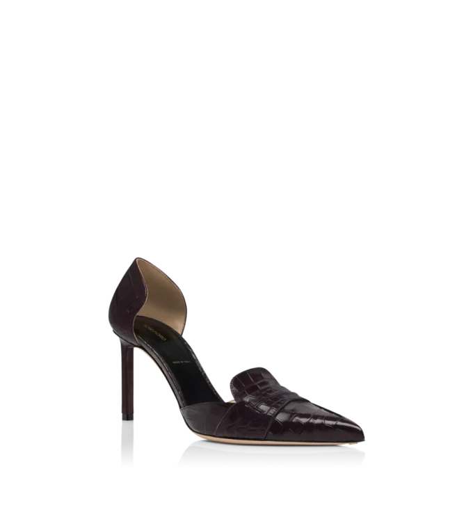 Glänzende Eva D’Orsay Pumps aus geprägtem Krokodilleder