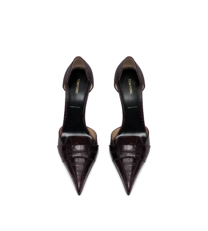 Glänzende Eva D’Orsay Pumps aus geprägtem Krokodilleder