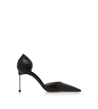 Halbglänzende Pumps mit Python-Print und Spire D’Orsay-Absatz