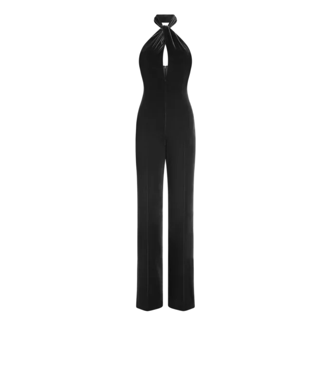 Halterneck-Jumpsuit aus Samt mit gedrehter Vorderseite
