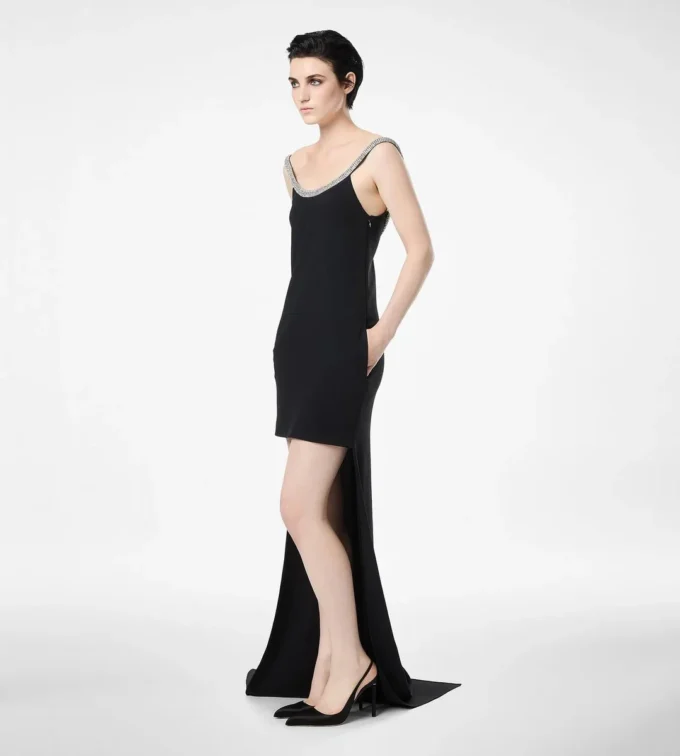 Kristallbesticktes, ärmelloses, asymmetrisches Cocktailkleid