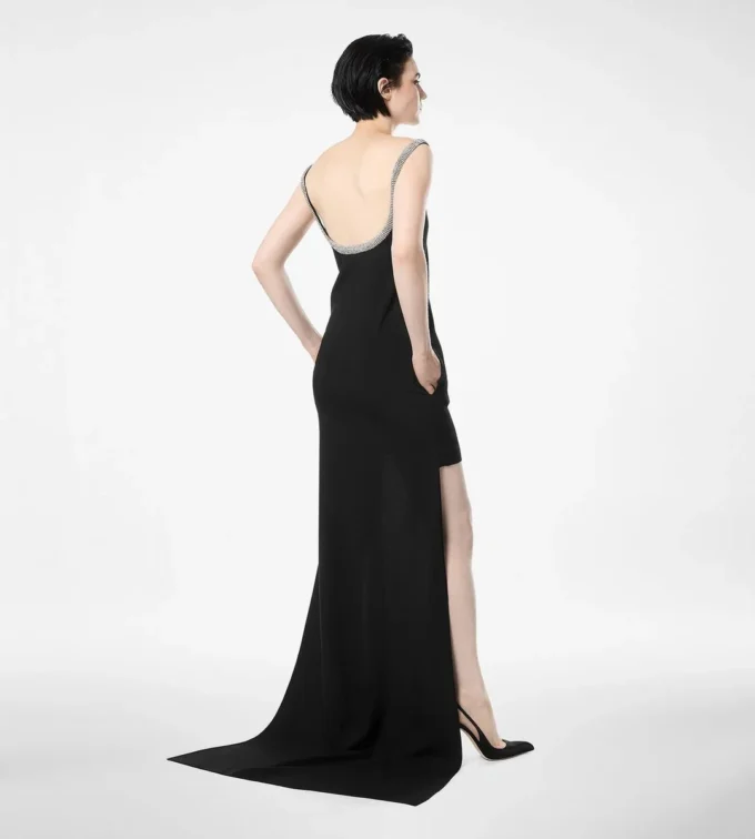 Kristallbesticktes, ärmelloses, asymmetrisches Cocktailkleid