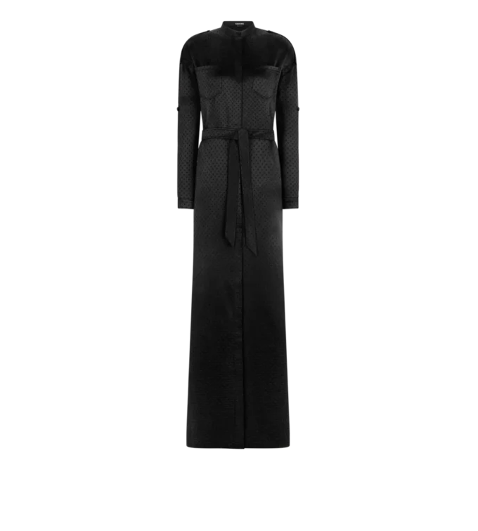 Langes Militärkleid mit Gürtel und Polka-Dot-Jacquardmuster