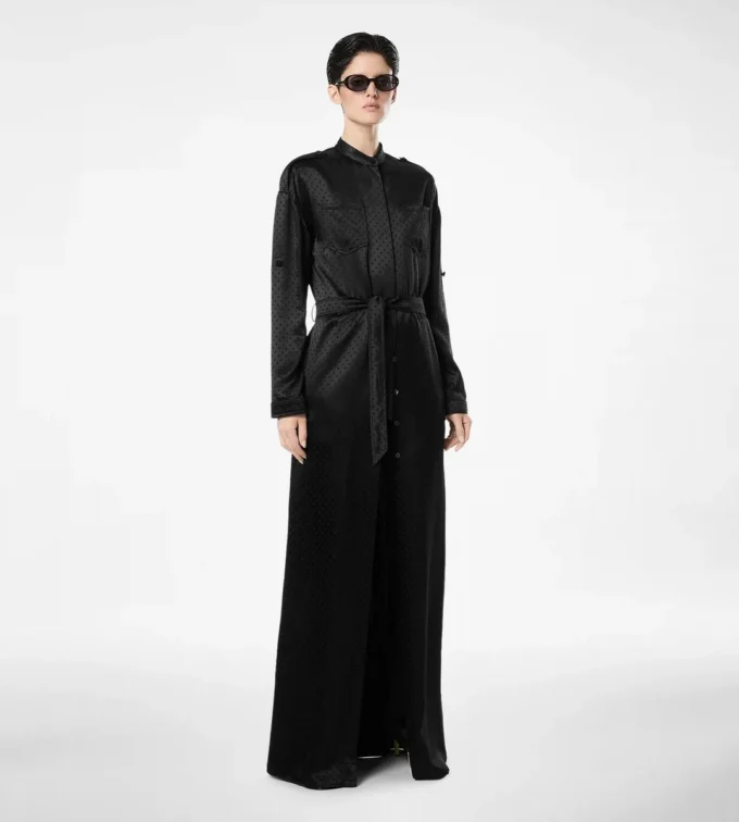 Langes Militärkleid mit Gürtel und Polka-Dot-Jacquardmuster