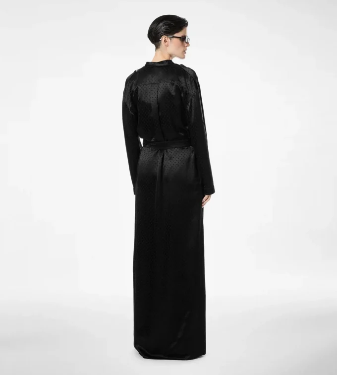 Langes Militärkleid mit Gürtel und Polka-Dot-Jacquardmuster