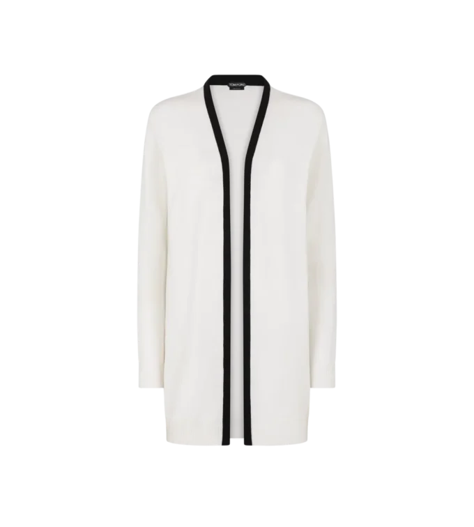 Mittellanger offener Cardigan aus Merino-Piqué mit Satinbesatz