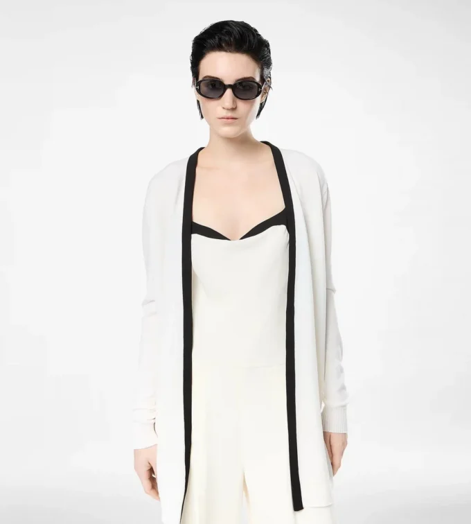 Mittellanger offener Cardigan aus Merino-Piqué mit Satinbesatz