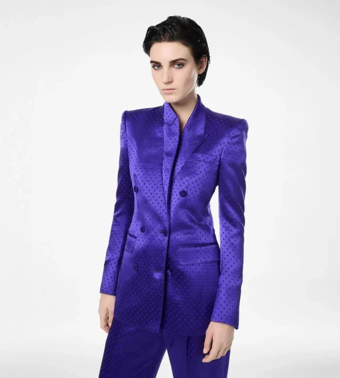 Polka Dot Jacquard Double Breasted Peak Lapel Jacket