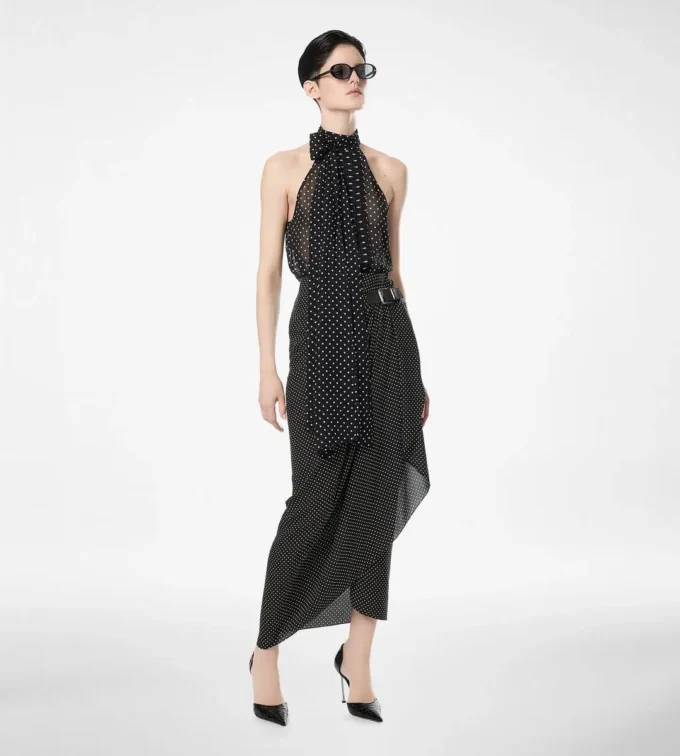 Seidenwickelrock mit Polka-Dot-Muster und Lederdetails
