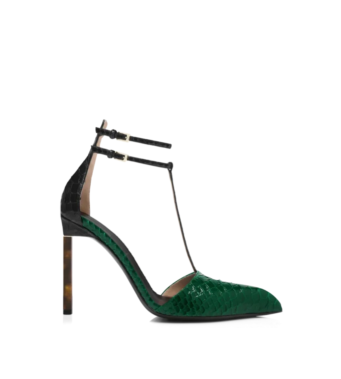 Pumps mit T-Riemen aus bedrucktem Pythonleder