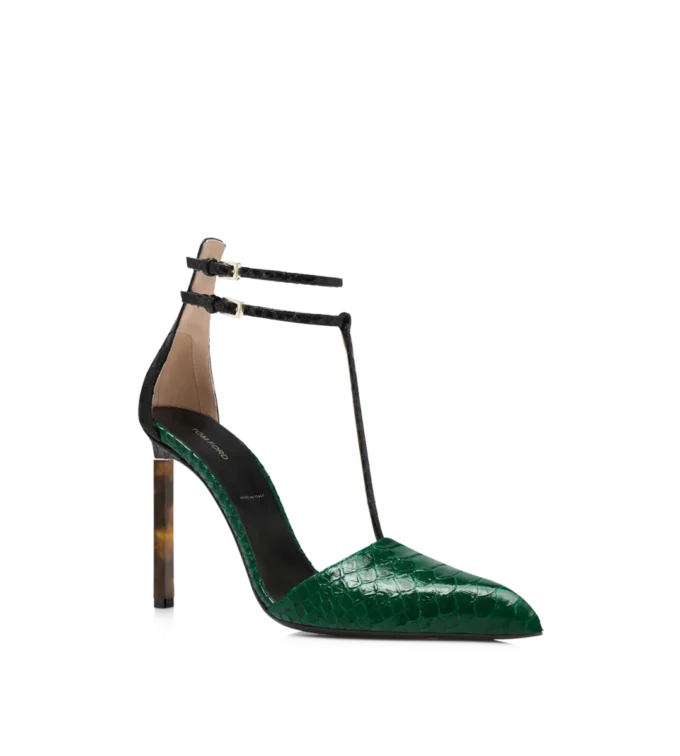 Pumps mit T-Riemen aus bedrucktem Pythonleder