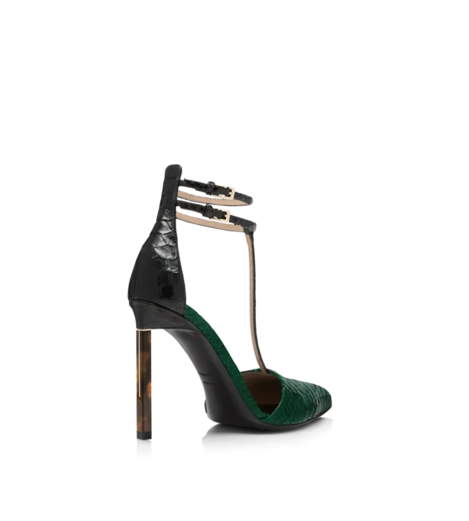 Pumps mit T-Riemen aus bedrucktem Pythonleder