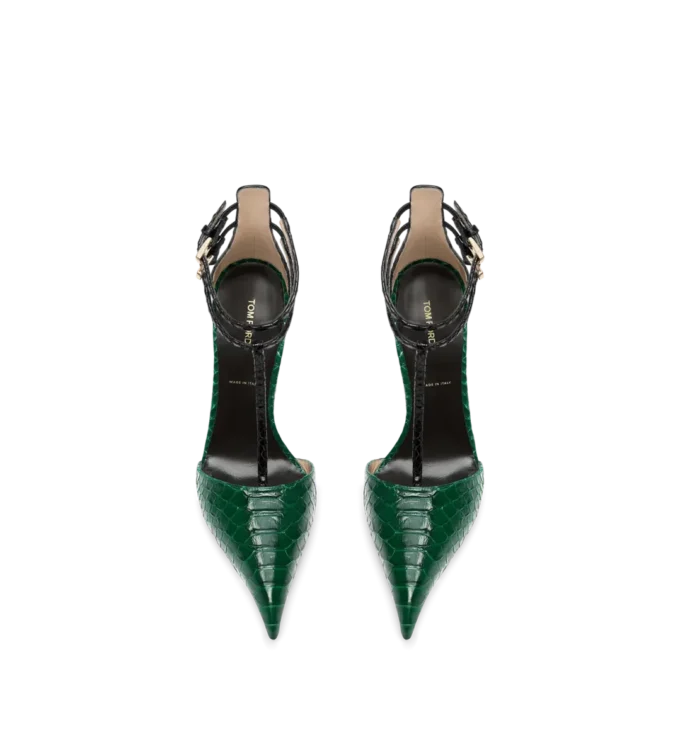 Pumps mit T-Riemen aus bedrucktem Pythonleder