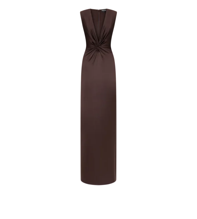 Ärmelloses Seiden-Abendkleid mit tiefem V-Ausschnitt und gedrehter Vorderseite