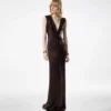 Ärmelloses Seiden-Abendkleid mit tiefem V-Ausschnitt und gedrehter Vorderseite