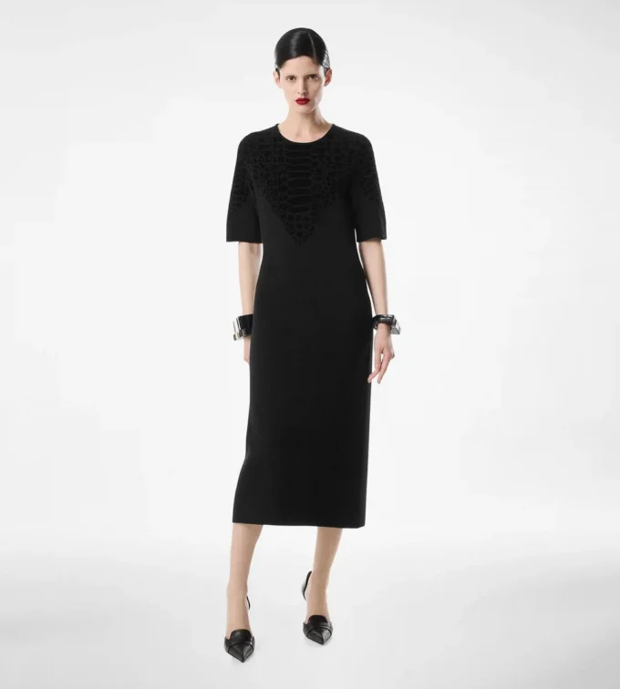 Seiden-Chenille-Kleid mit Python-Prägung und Rundhalsausschnitt
