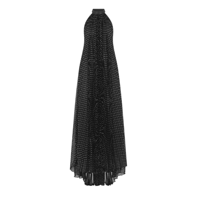 Seiden-Halterneck-Abendkleid mit Sunray-Plissee und Lederdetails