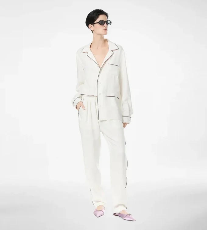 Seiden-Twill-Pyjamahemd mit Paspelierung und tonalem TF-Sticklogo