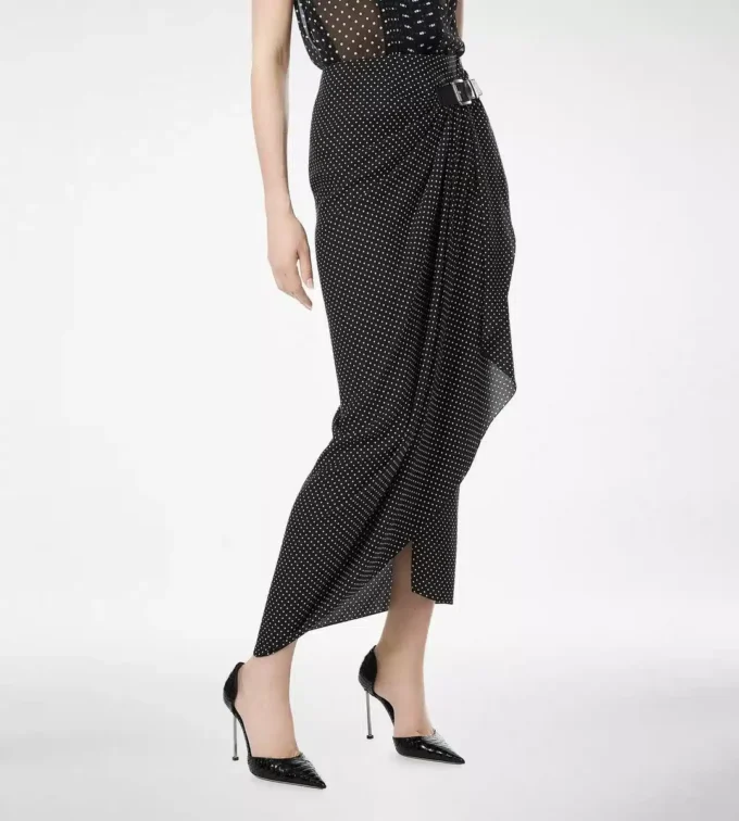 Seidenwickelrock mit Polka-Dot-Muster und Lederdetails
