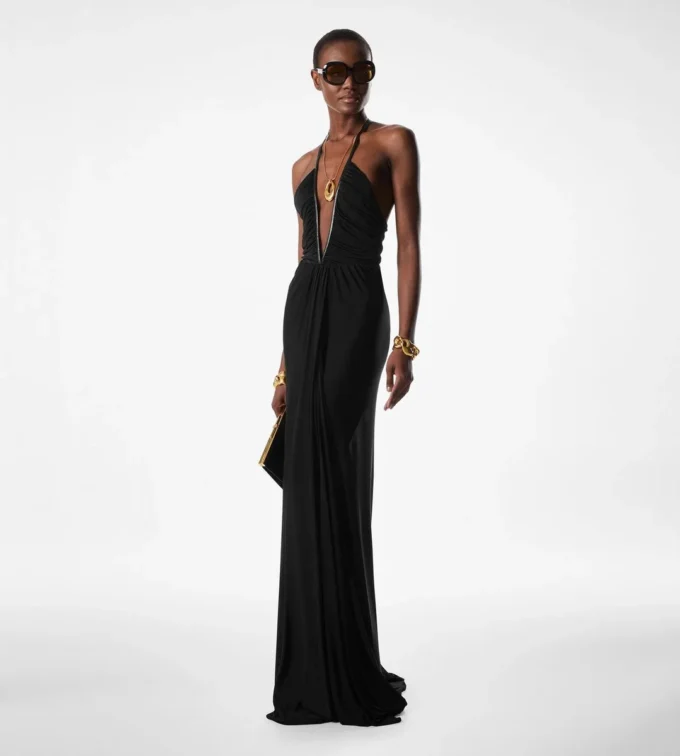 Stretch-Jersey-Abendkleid mit tiefem V-Ausschnitt