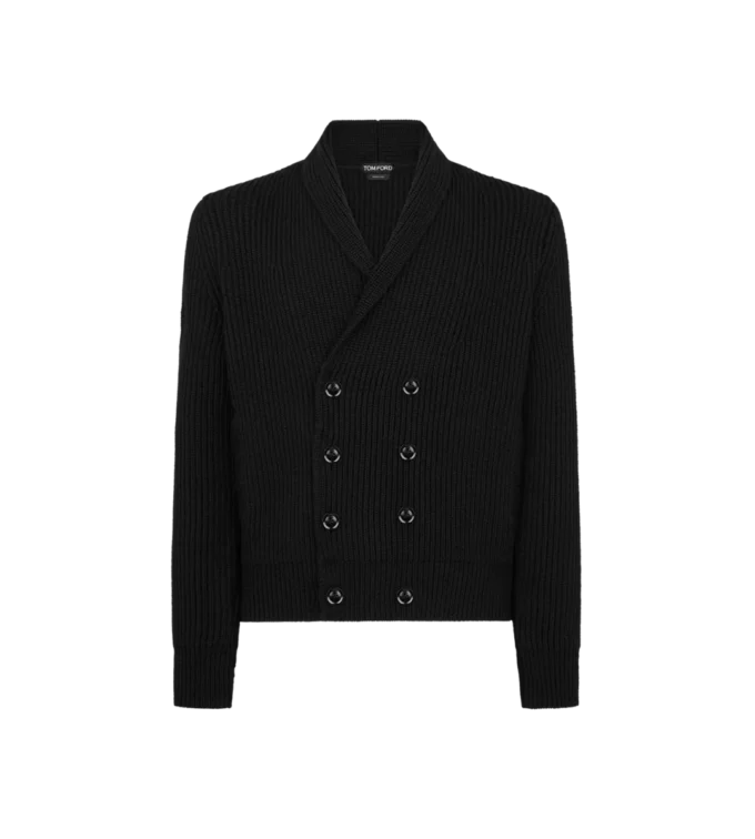 Strickjacke mit Schalkragen aus Wolle und Seide