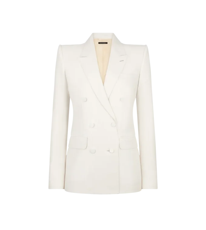 Zweireihige Jacke aus Wolle und Seide mit Schattenstreifen und Spitzkragen