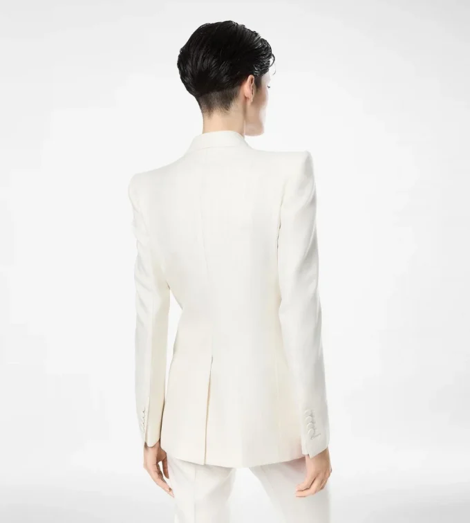 Zweireihige Jacke aus Wolle und Seide mit Schattenstreifen und Spitzkragen